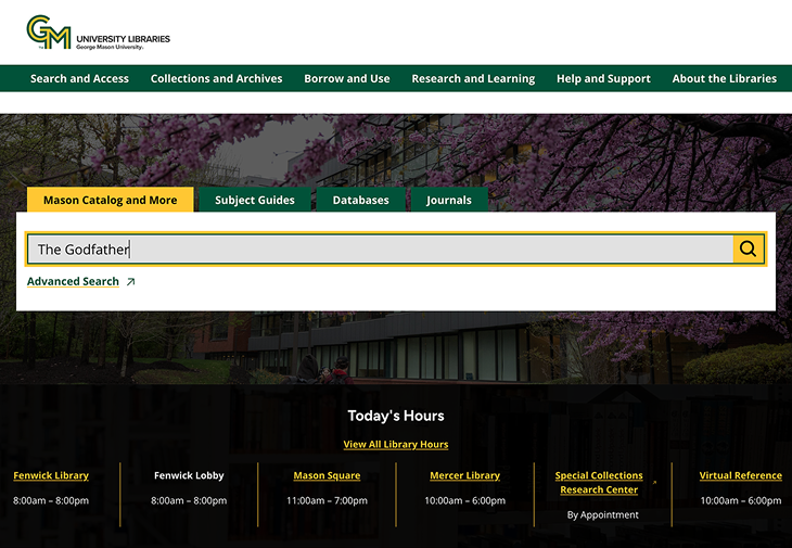 Mason Libraries home page highlighting the Mason Catalog and More search box