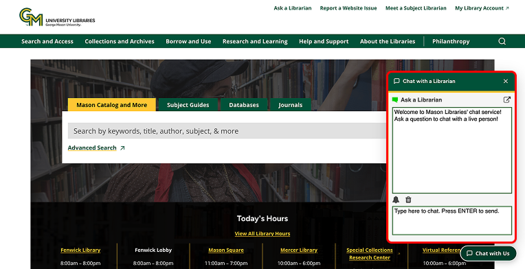 Chat with a Librarian window open on the Mason Libraries home page