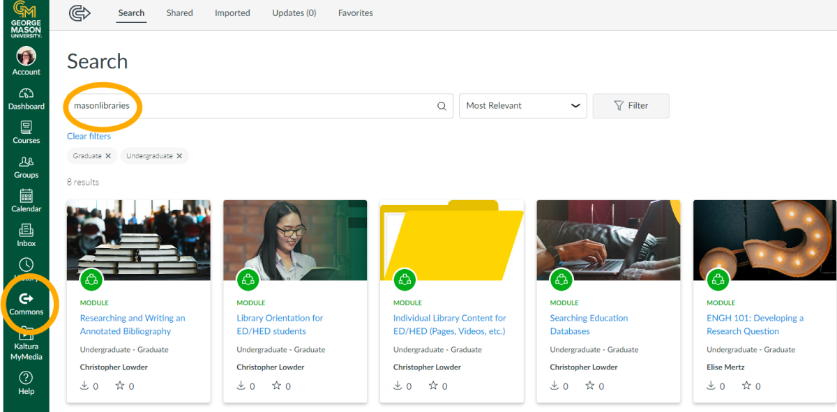 screenshot of Canvas with callout of Canvas Commons button and masonlibraries keyword in search bar