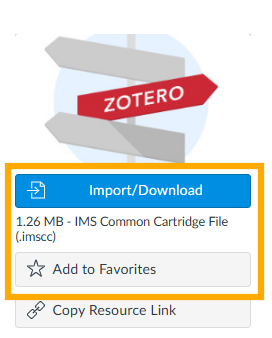screenshot of Canvas Commons module with callout of import/download button and add to favorites button