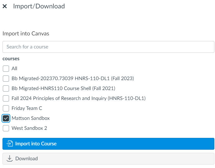 screenshot of import and download menu for Canvas Commons resources