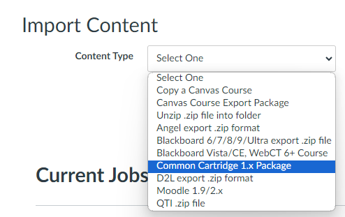 screenshot of Canvas upload options with callout of Common Cartridge 1.x Package file type