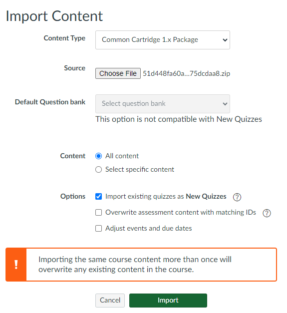 screenshot of Canvas import menu