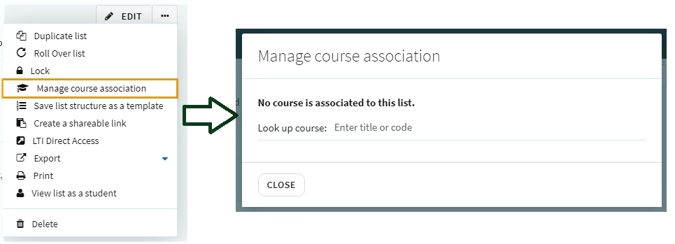 Screenshot of Leganto manage course association menu