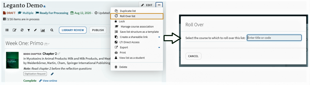 Screenshot of Leganto interface demonstrating step one