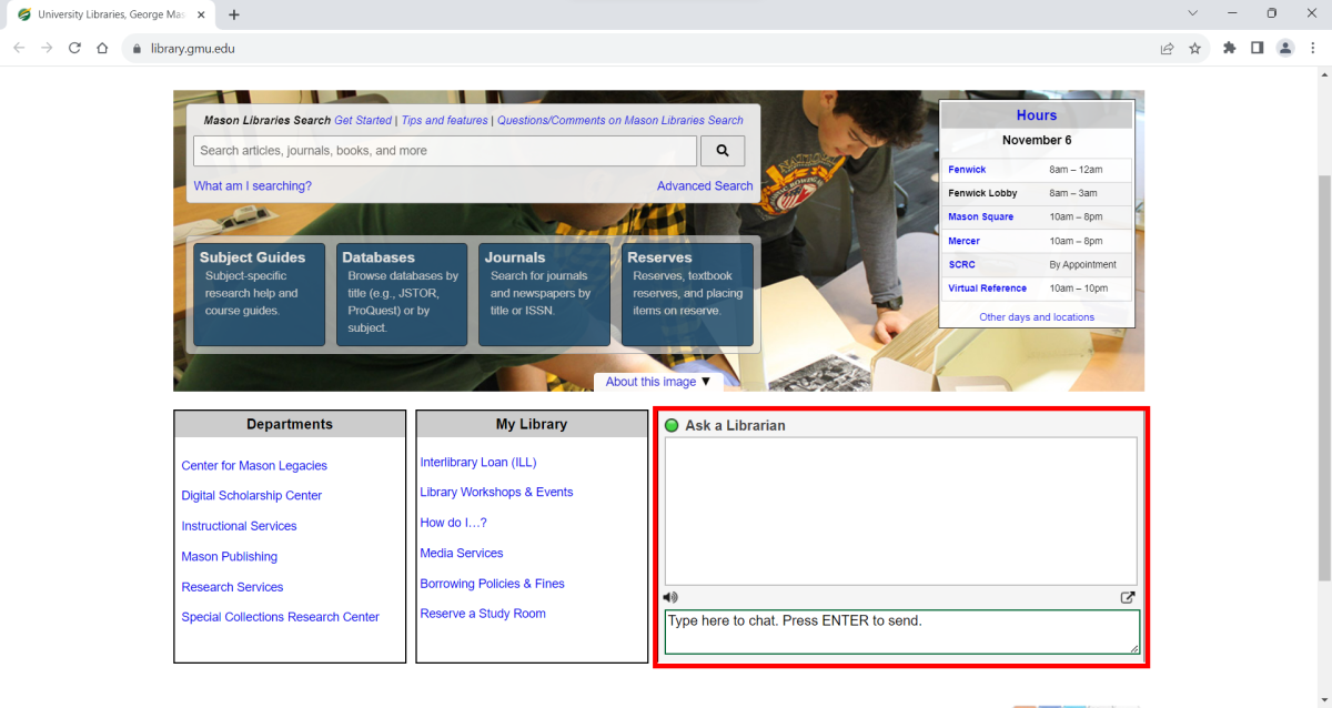 Virtual Reference Chat service on library home page