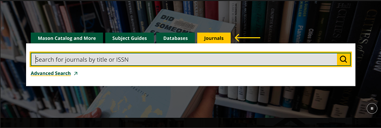 Mason Libraries home page with the Journals tab highlighted and the journal search box
