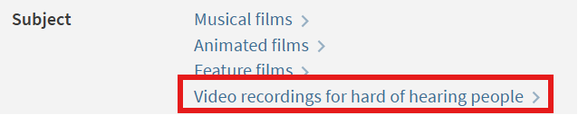Mason Libraries catalog entry with Video recordings for hard of hearing people link called out