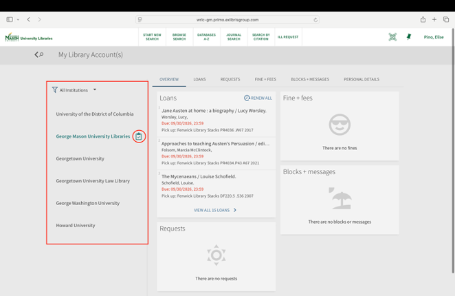 List of institutions available in library account with Has activity icon called out