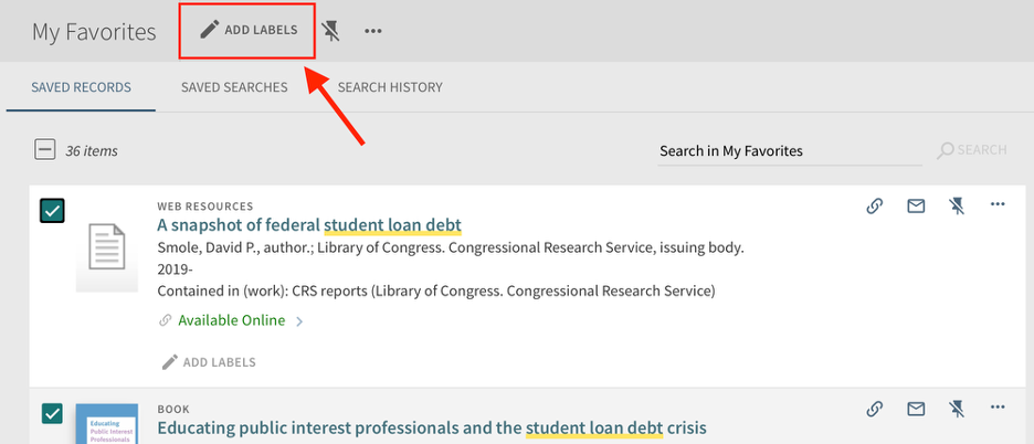 Add or remove labels button called out