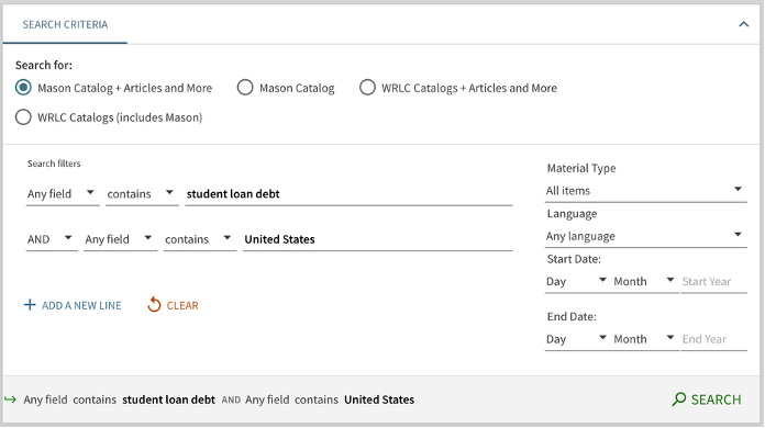 example of an advanced search with different search terms on different lines of search dialog