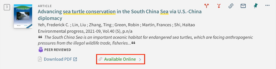 Mason Libraries catalog entry with Available Online button called out