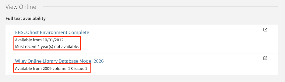 Mason Libraries item record with database availability called out