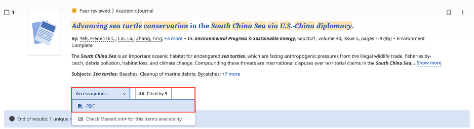 EBSCO database with PDF access button called out