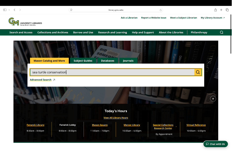 Mason Libraries home page with sea turtle conservation entered into main search bar