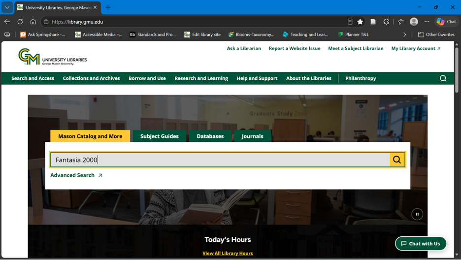 Mason Libraries home page with Fantasia 2000 entered into main search bar