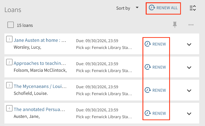 Loans tab of My Library Account(s) with Renew buttons called out