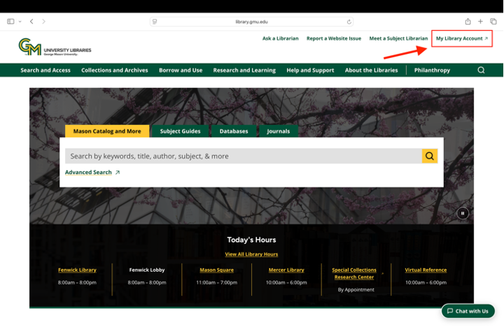Mason Libraries home page with My Library Account button called out