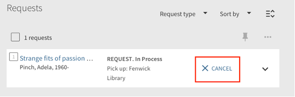 Request tab of My Library Account(s) with Cancel button called out