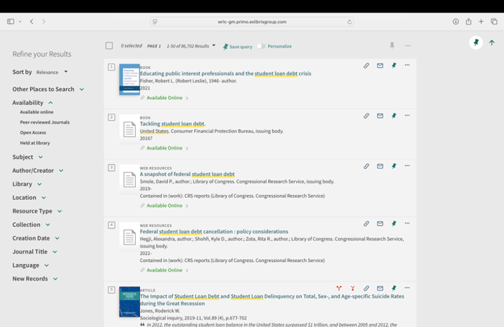 example of search results
