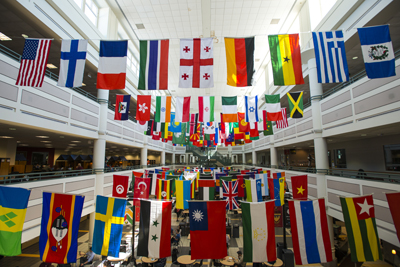 Flags from many countries at Johnson Center